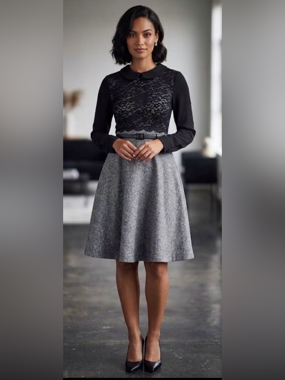 Belove Black Women Lace Bodice with Gray Flared Skirt Long Sleeve Dress Size